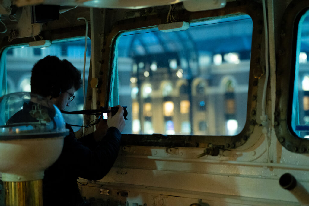 My friend Chris, looking out from the Belfast in London.